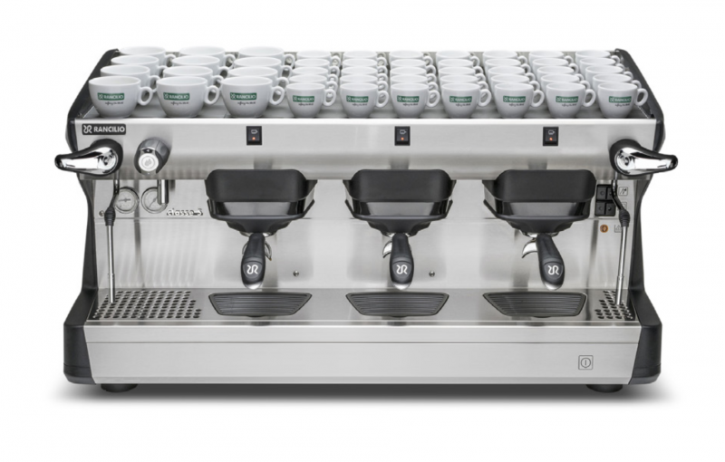 Front view of the Semi-Automatic Rancilio Classe 5 3 group espresso machine in Anthracite Black and traditional brew group height.